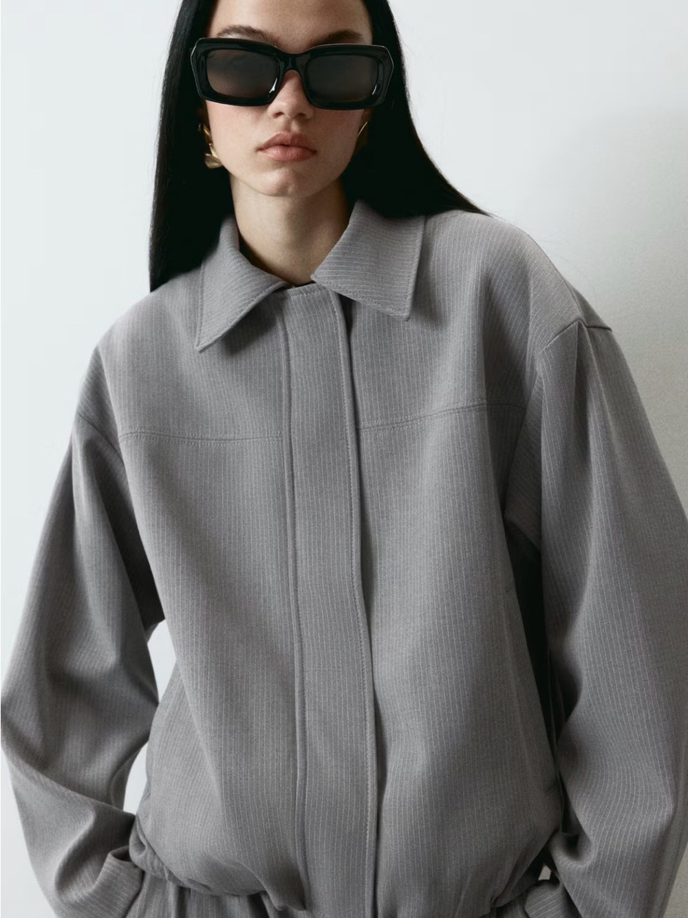 H&M Grey Striped Ribbed Bomber Jacket Great for Fall. Aritzia Look Viral Jacket.